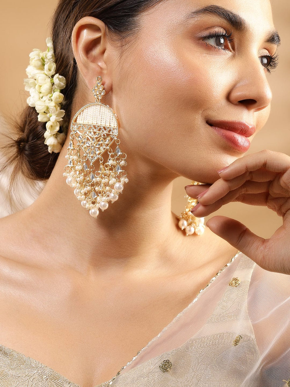 Rubans 18K Gold Plated Kundan Work and Off-White Pearl Beaded Handcrafted Big Chandelier Chandelier Earrings