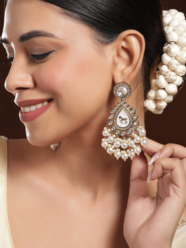 Rubans 18K Gold-Plated Kundan & Zicronia & Pearl Traditional Chanbali Earring Chandbali Earring