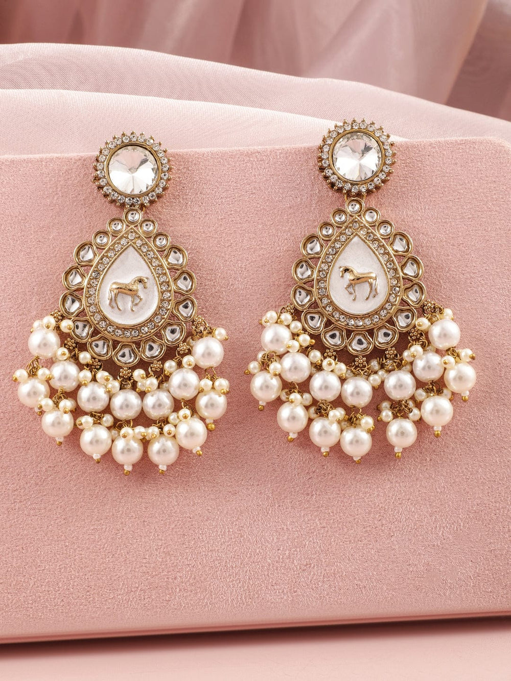 Rubans 18K Gold-Plated Kundan & Zicronia & Pearl Traditional Chanbali Earring Chandbali Earring