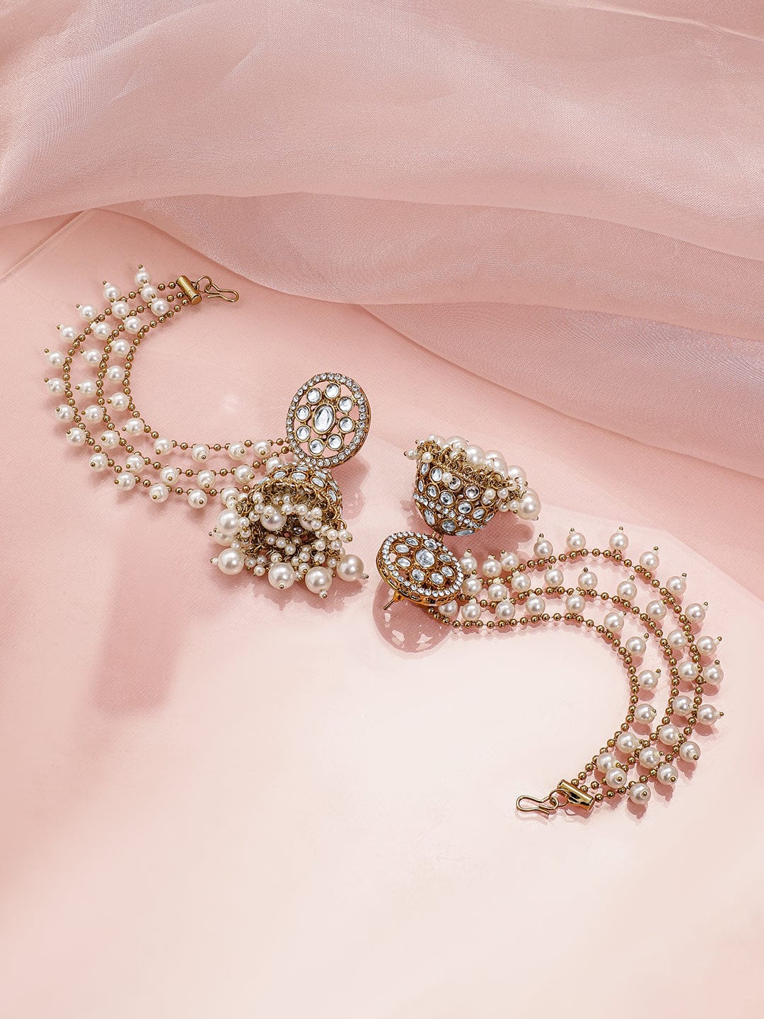 Rubans 18K Gold-Plated Kundan & Zirconia Kan Chain Jhumka Earrings with White Pearl Beads Earrings