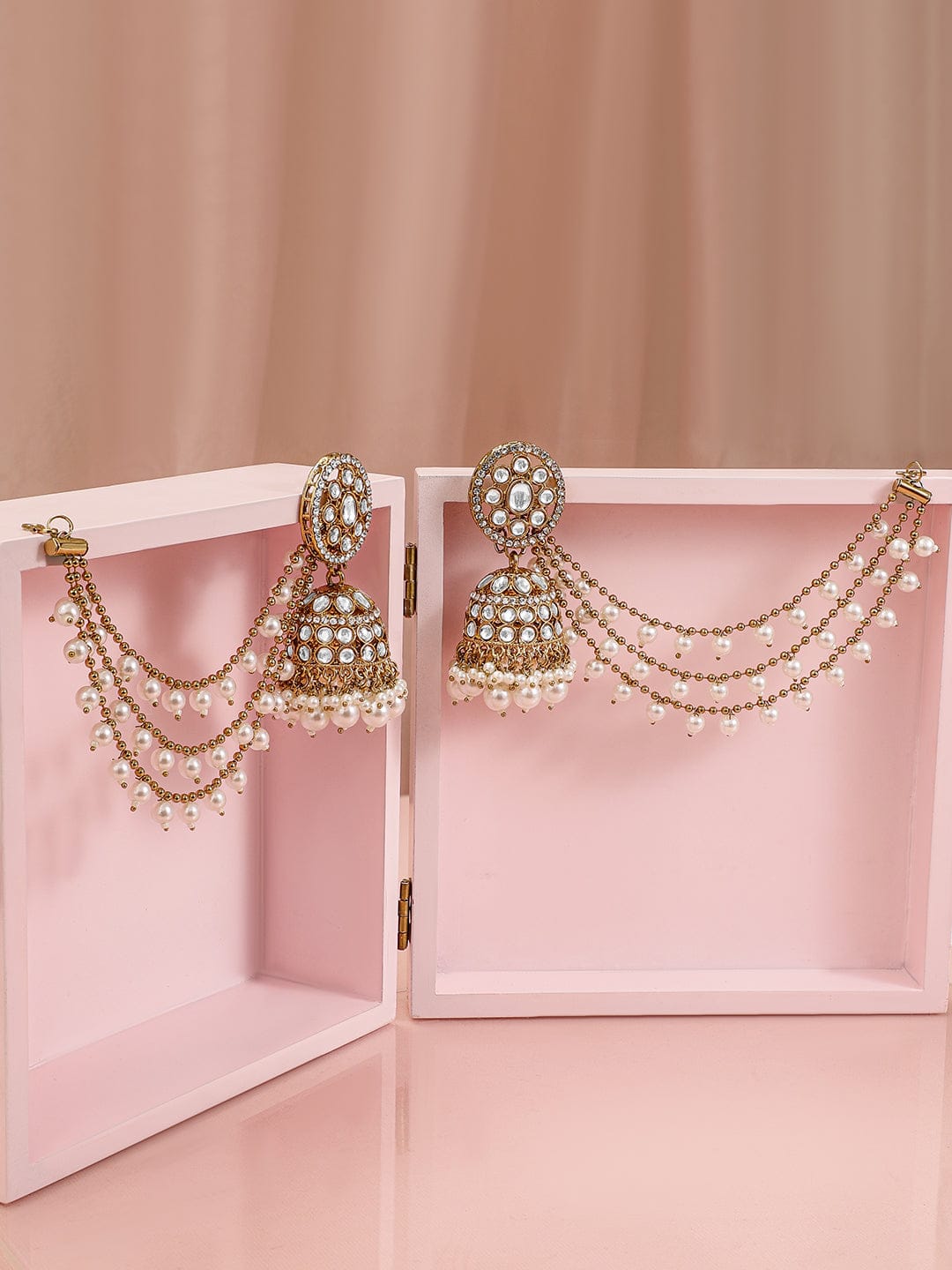 Rubans 18K Gold-Plated Kundan & Zirconia Kan Chain Jhumka Earrings with White Pearl Beads Earrings