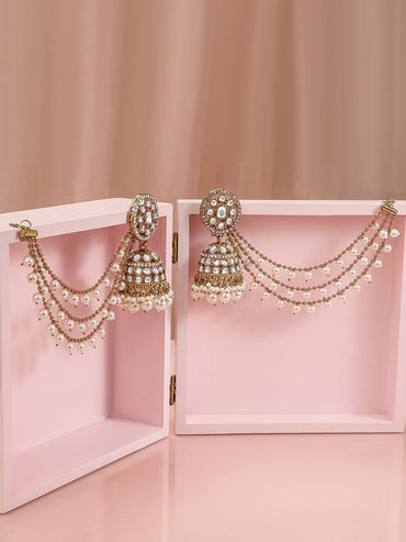 Rubans 18K Gold-Plated Kundan & Zirconia Kan Chain Jhumka Earrings with White Pearl Beads Earrings
