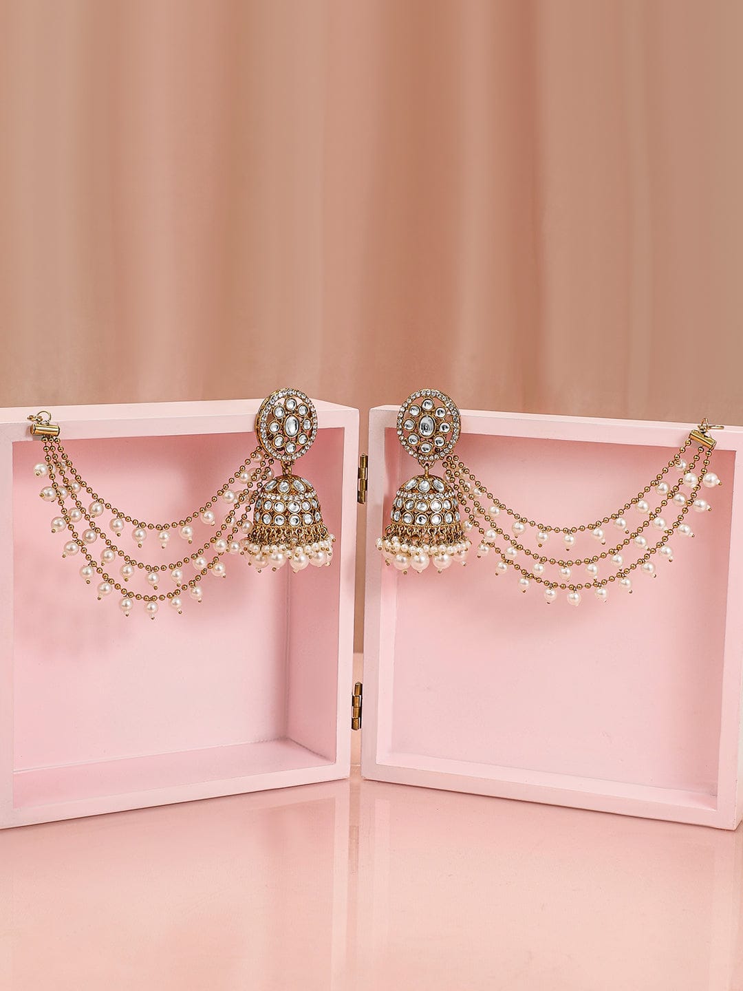 Rubans 18K Gold-Plated Kundan & Zirconia Kan Chain Jhumka Earrings with White Pearl Beads Earrings