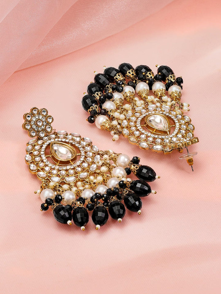 Rubans 18K Gold-Plated Kundan & Zirconia Studded Chandelier with Black & White Beads Earrings