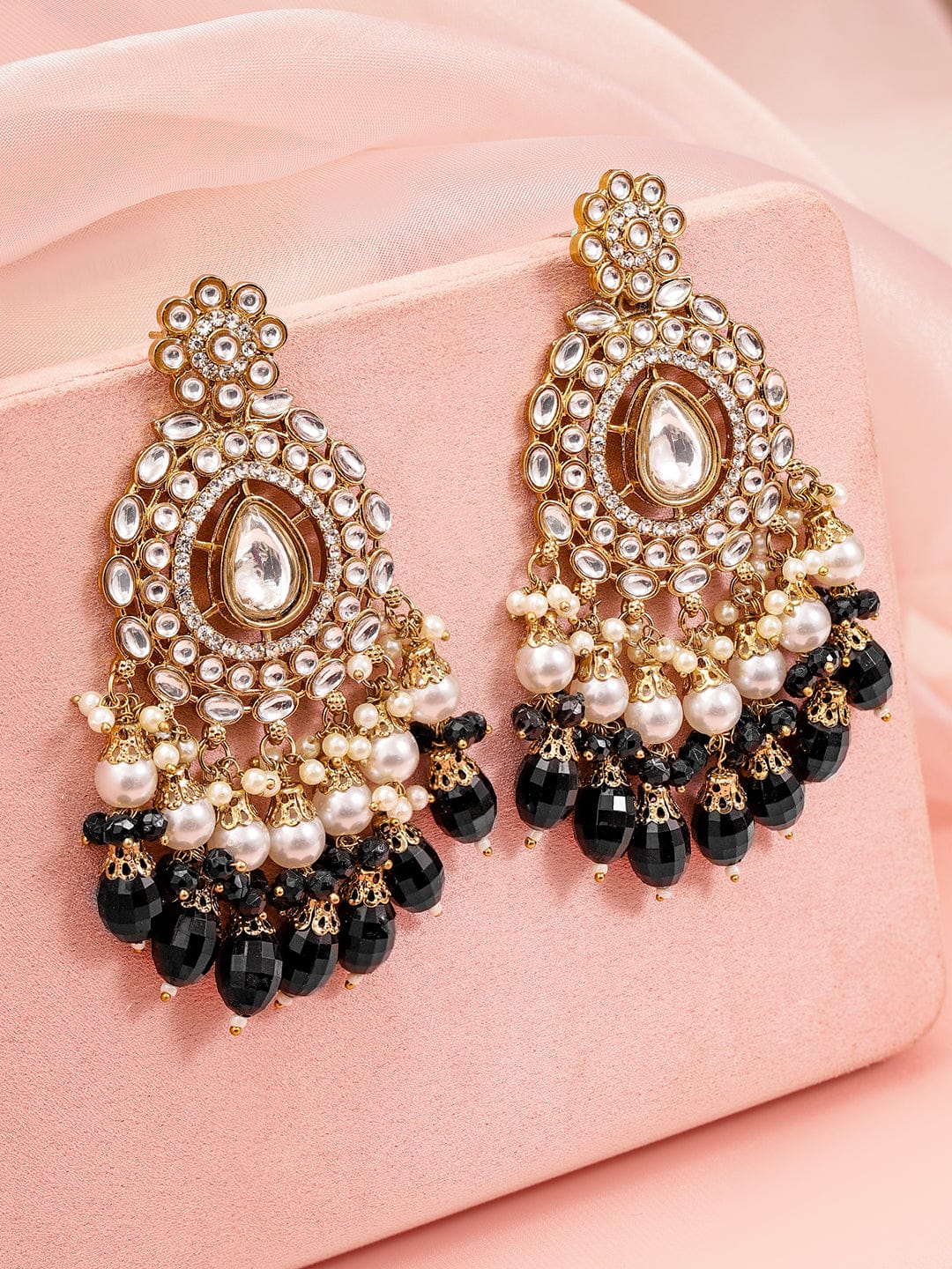 Rubans 18K Gold-Plated Kundan & Zirconia Studded Chandelier with Black & White Beads Earrings