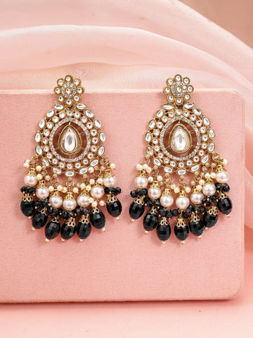 Rubans 18K Gold-Plated Kundan & Zirconia Studded Chandelier with Black & White Beads Earrings