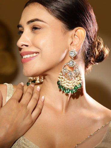 Rubans 18K Gold-Plated Kundan & Zirconia Studded Long Chandbali Earrings with Pearl & Green Bead Danglers Chandbali Earrings