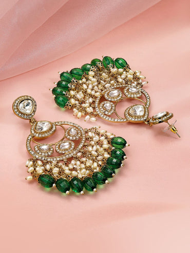 Rubans 18K Gold-Plated Kundan & Zirconia Studded Long Chandbali Earrings with Pearl & Green Bead Danglers Earrings