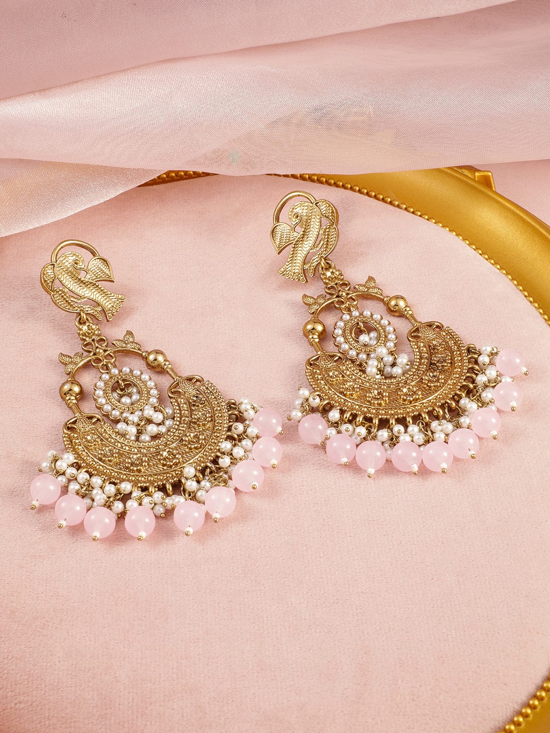 Rubans 18K Gold-Plated Large Chandbali Earrings with Pink Beads and Pearl Accents Chandbali