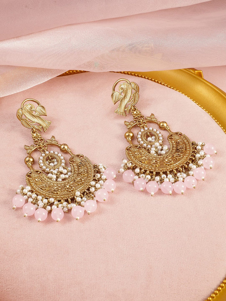 Rubans 18K Gold-Plated Large Chandbali Earrings with Pink Beads and Pearl Accents Chandbali