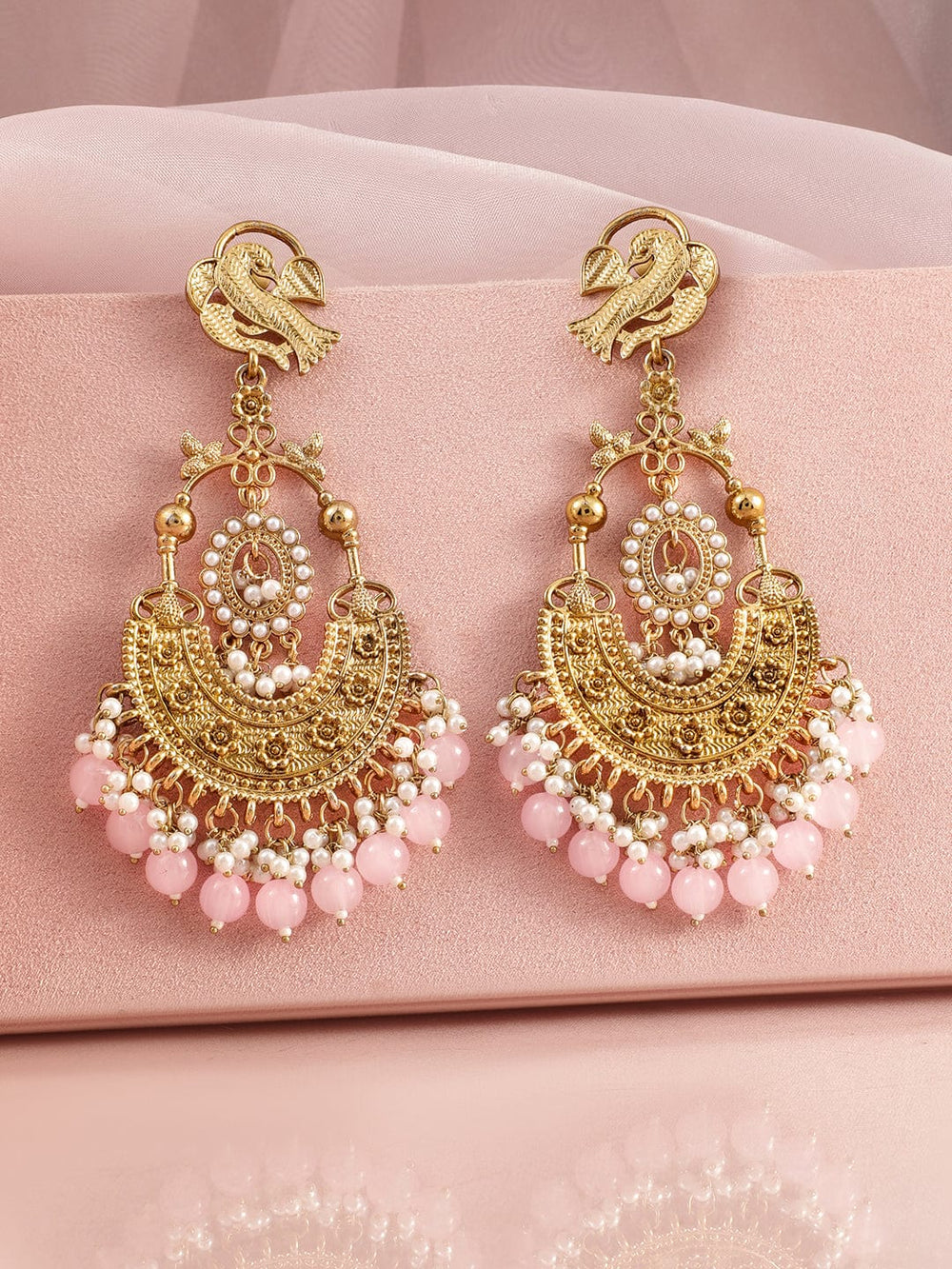 Rubans 18K Gold-Plated Large Chandbali Earrings with Pink Beads and Pearl Accents Chandbali