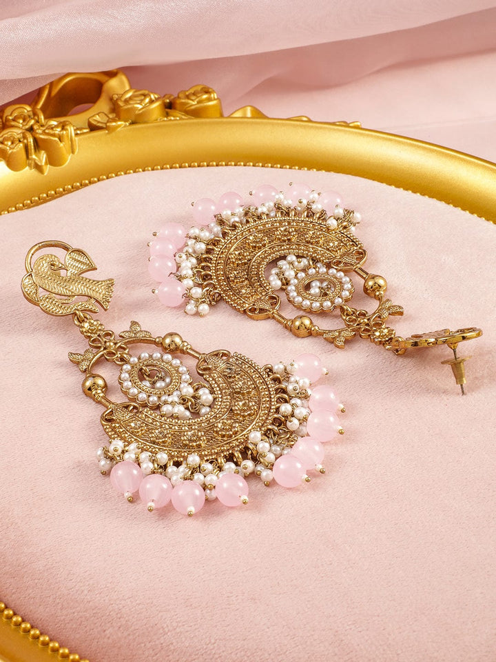 Rubans 18K Gold-Plated Large Chandbali Earrings with Pink Beads and Pearl Accents Chandbali