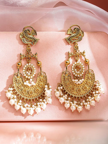Rubans 18K Gold-Plated Large Chandbali Earrings with White Pearl Beaded Accents Chandbali Earrings
