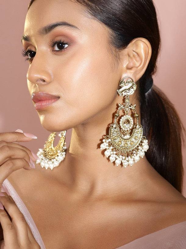 Rubans 18K Gold-Plated Large Chandbali Earrings with White Pearl Beaded Accents Chandbali Earrings