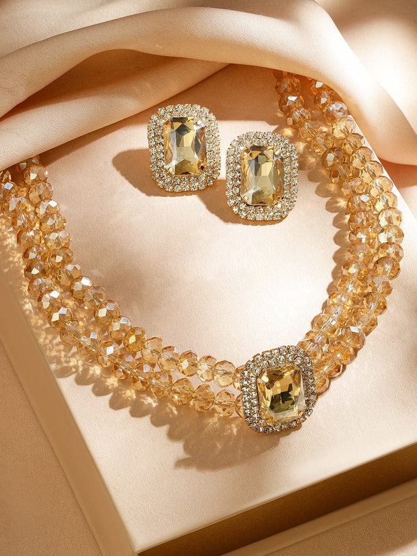 Rubans 18K Gold-Plated Light Gold Crystal Beaded & Cubic Zirconia Statement Necklace Set Jewellery Set