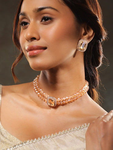 Rubans 18K Gold-Plated Light Gold Crystal Beaded & Cubic Zirconia Statement Necklace Set Jewellery Set