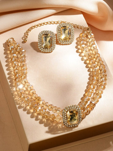 Rubans 18K Gold-Plated Light Gold Crystal Beaded & Cubic Zirconia Statement Necklace Set Jewellery Set