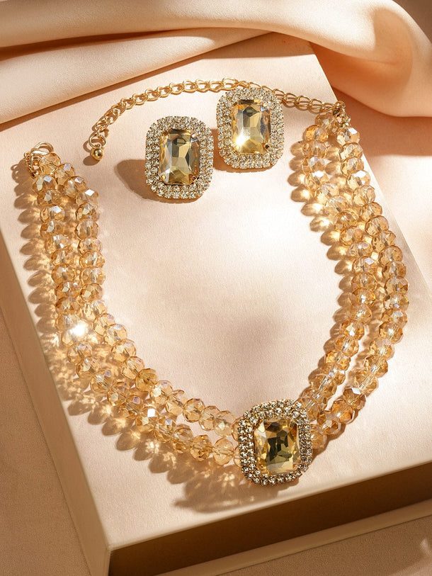 Rubans 18K Gold-Plated Light Gold Crystal Beaded & Cubic Zirconia Statement Necklace Set Jewellery Set