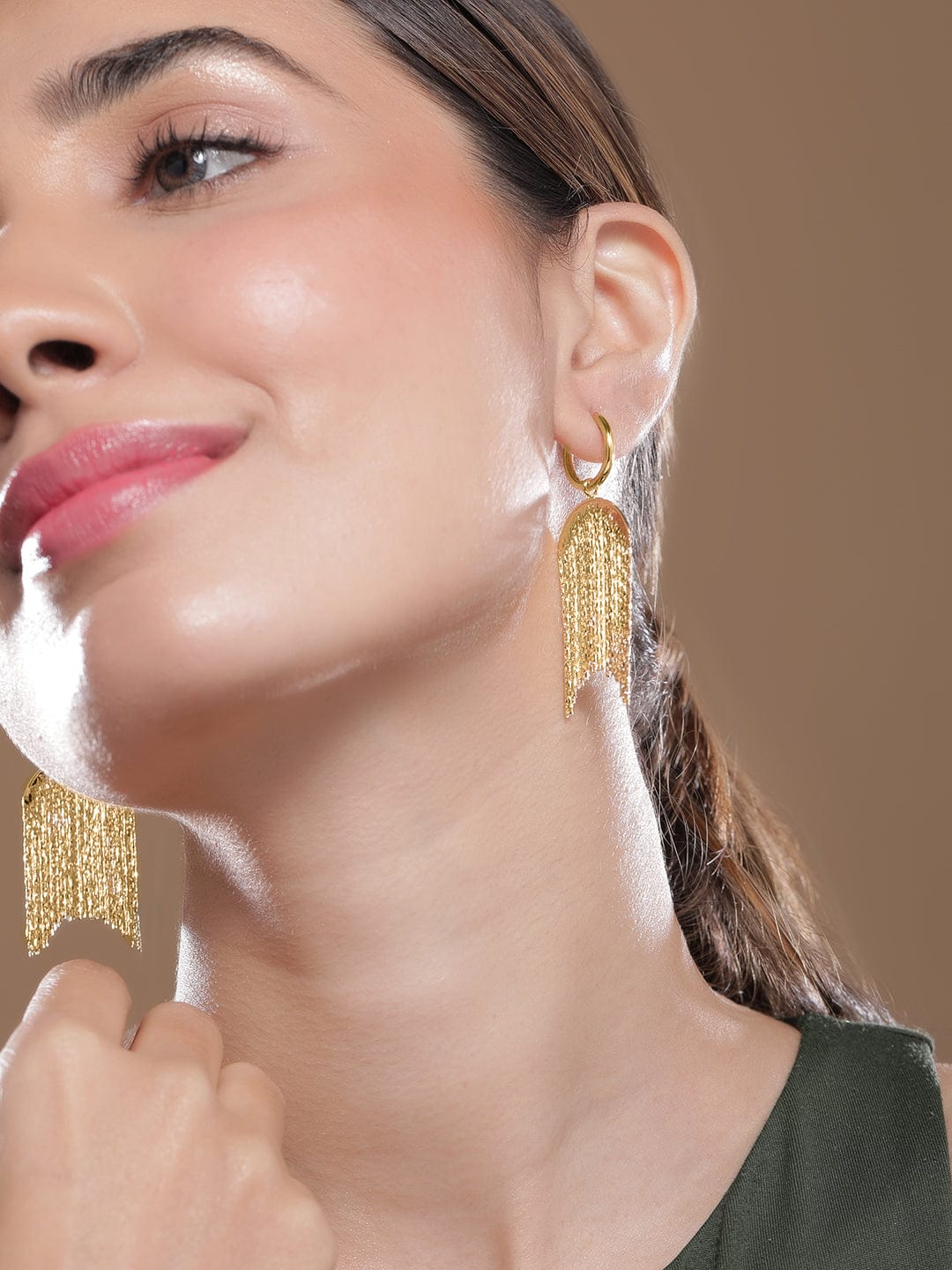 Rubans 18K Gold Plated Long Chain Fringe Dangle Earrings with Textured Hoop Detailing Earrings