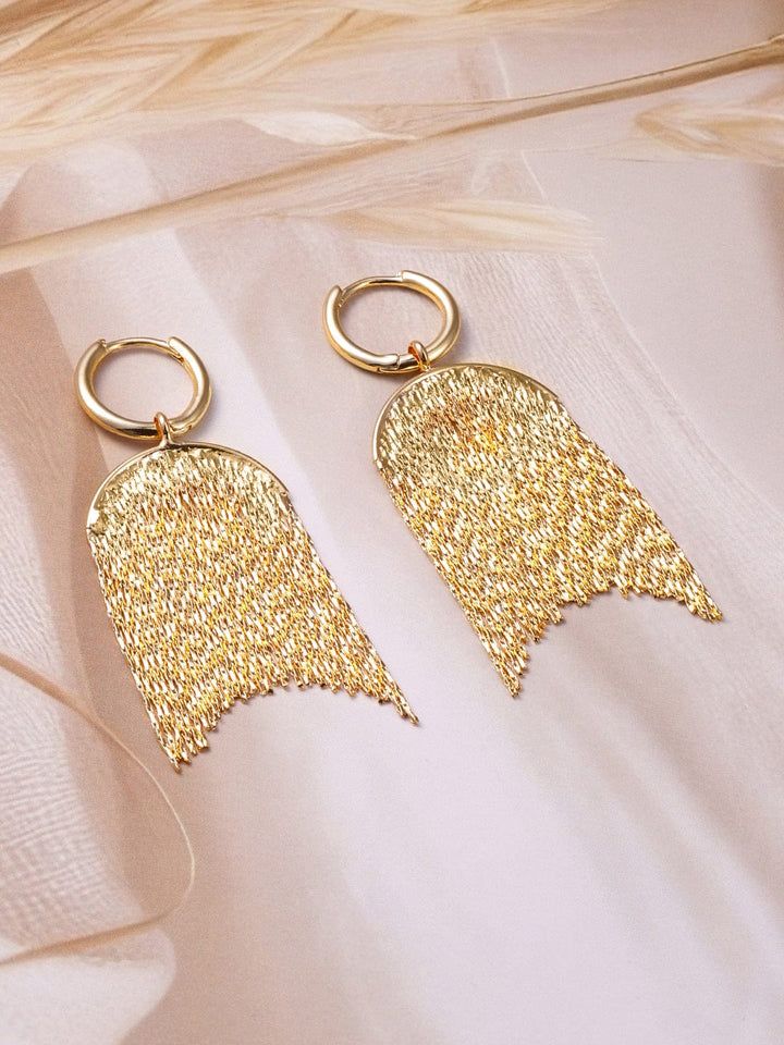 Rubans 18K Gold Plated Long Chain Fringe Dangle Earrings with Textured Hoop Detailing Earrings