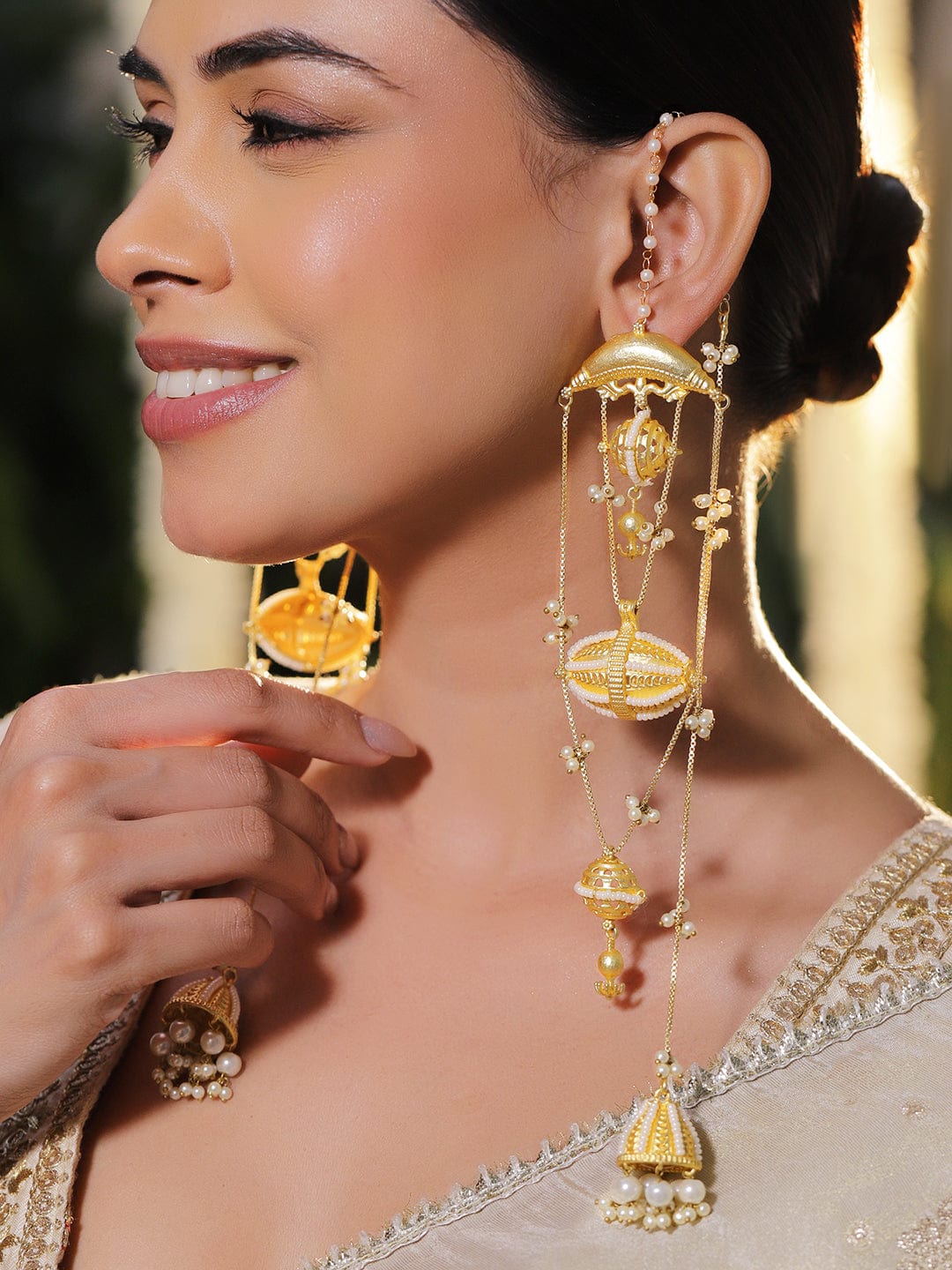 Rubans 18K Gold-Plated Long Multi-Layer Dangler Earrings with Pearl Chains & Bead Details Earrings
