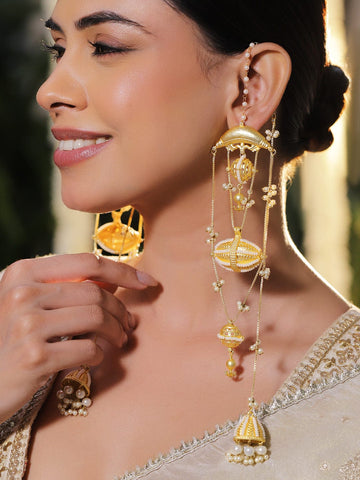 Rubans 18K Gold-Plated Long Multi-Layer Dangler Earrings with Pearl Chains & Bead Details Earrings