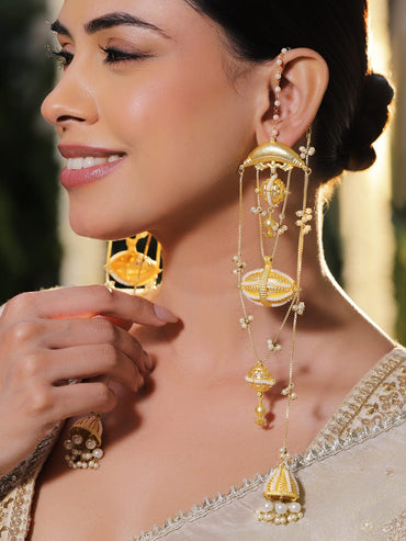 Rubans 18K Gold-Plated Long Multi-Layer Dangler Earrings with Pearl Chains & Bead Details Earrings