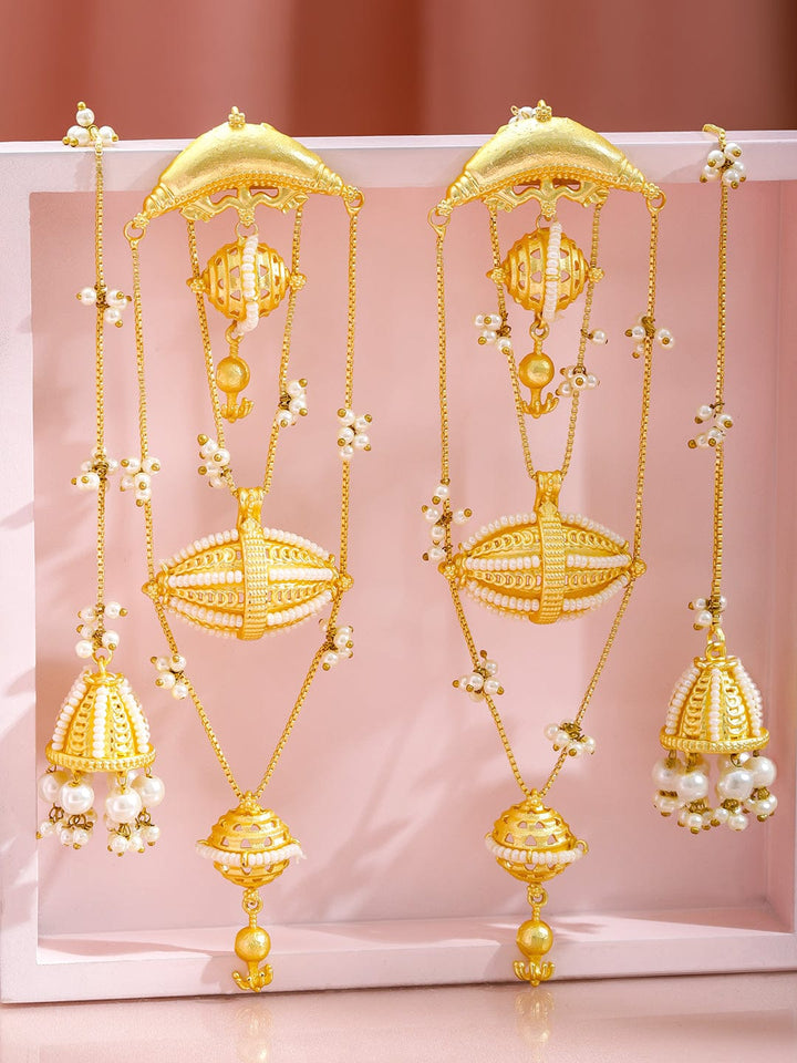 Rubans 18K Gold-Plated Long Multi-Layer Dangler Earrings with Pearl Chains & Bead Details Earrings