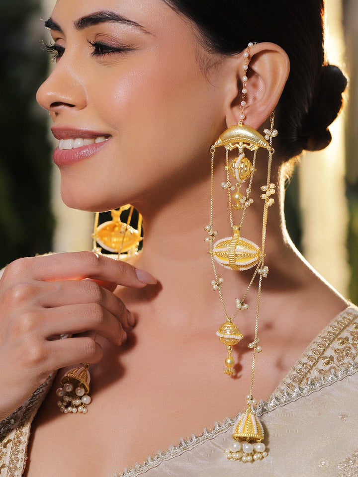 Rubans 18K Gold-Plated Long Multi-Layer Dangler Earrings with Pearl Chains & Bead Details Earrings