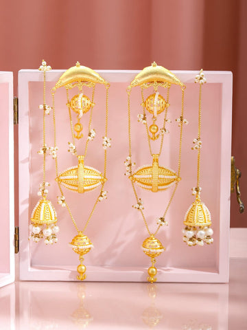 Rubans 18K Gold-Plated Long Multi-Layer Dangler Earrings with Pearl Chains & Bead Details Earrings