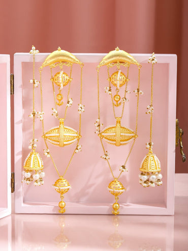 Rubans 18K Gold-Plated Long Multi-Layer Dangler Earrings with Pearl Chains & Bead Details Earrings