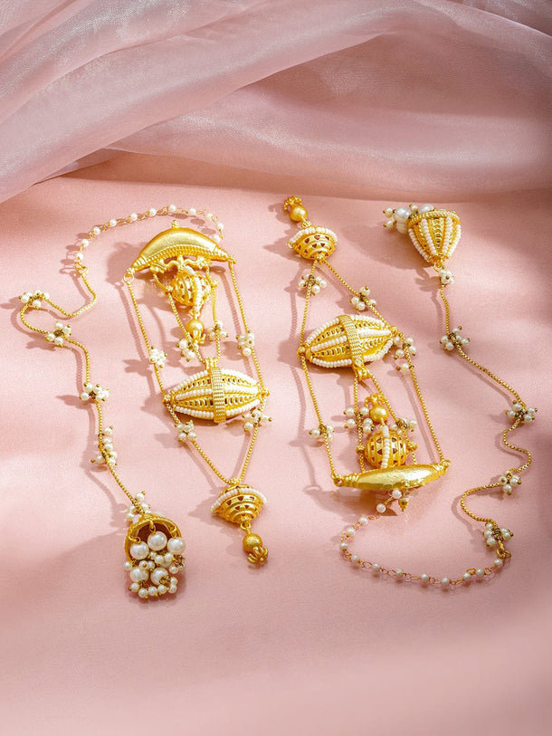 Rubans 18K Gold-Plated Long Multi-Layer Dangler Earrings with Pearl Chains & Bead Details Earrings