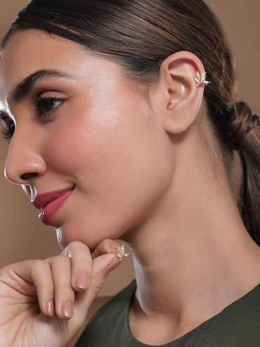 Rubans 18K Gold-Plated Marquise-Cut Cubic Zirconia Studded Leaf Design Ear Cuff - Pack of 2 Earrings