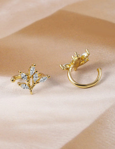 Rubans 18K Gold-Plated Marquise-Cut Cubic Zirconia Studded Leaf Design Ear Cuff - Pack of 2 Earrings