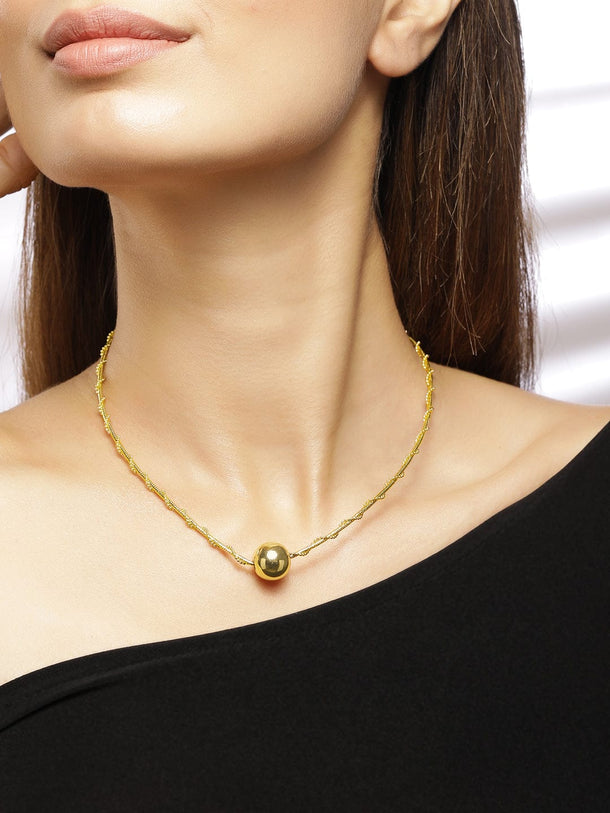 Rubans 18K Gold Plated Minimal Twisted Chain Necklace with Spherical Golden Bead Design Chain & Necklace