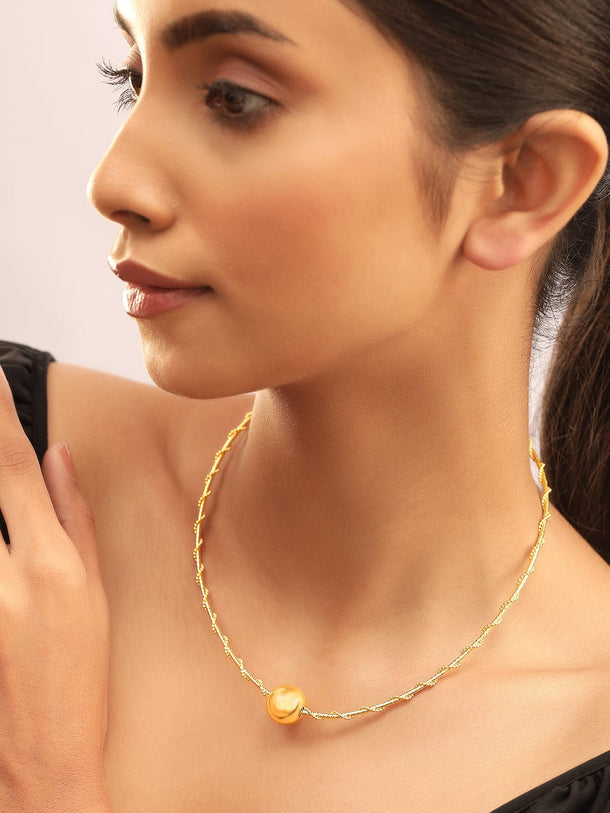 Rubans 18K Gold Plated Minimal Twisted Chain Necklace with Spherical Golden Bead Design Necklace & Chains