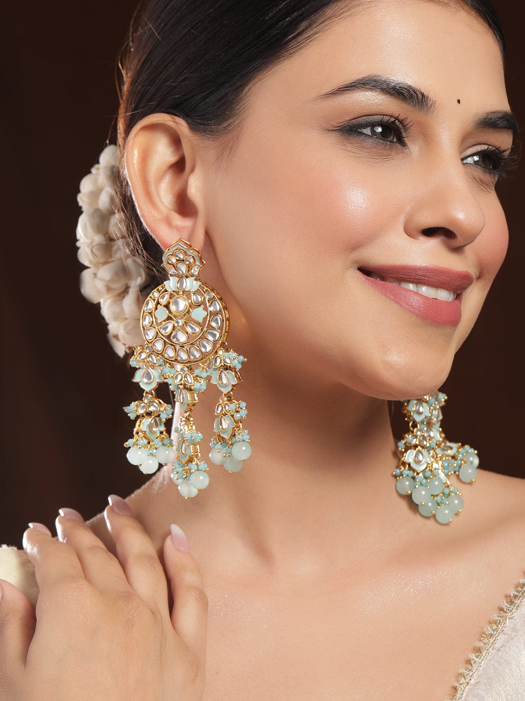 Rubans 18K Gold-Plated Mint Green & White Kundan Studded Chandbali with Beaded Detailing Chandbali Earrings