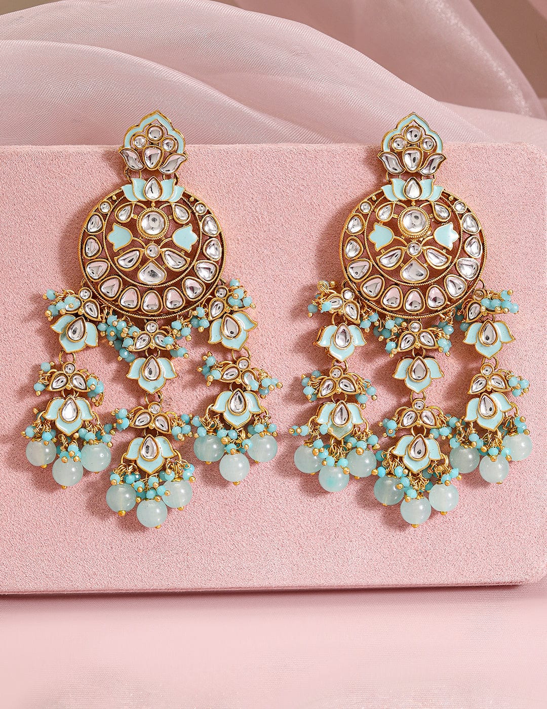 Rubans 18K Gold-Plated Mint Green & White Kundan Studded Chandbali with Beaded Detailing Chandbali Earrings