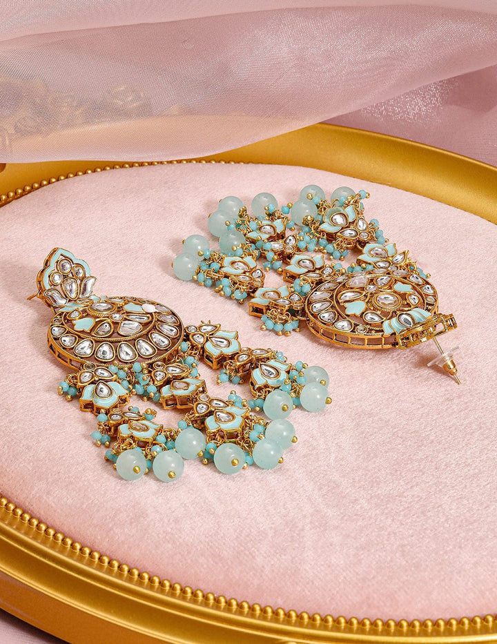 Rubans 18K Gold-Plated Mint Green & White Kundan Studded Chandbali with Beaded Detailing Chandbali Earrings