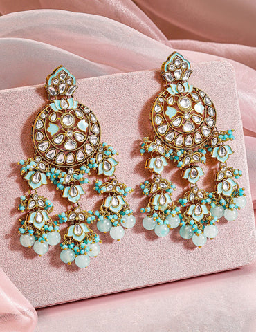 Rubans 18K Gold-Plated Mint Green & White Kundan Studded Chandbali with Beaded Detailing Earrings