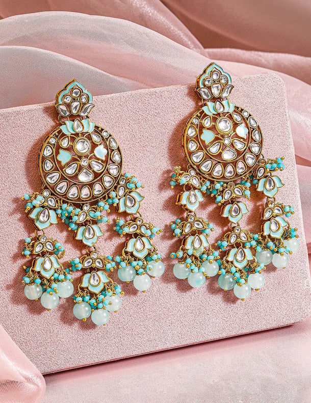 Rubans 18K Gold-Plated Mint Green & White Kundan Studded Chandbali with Beaded Detailing Earrings
