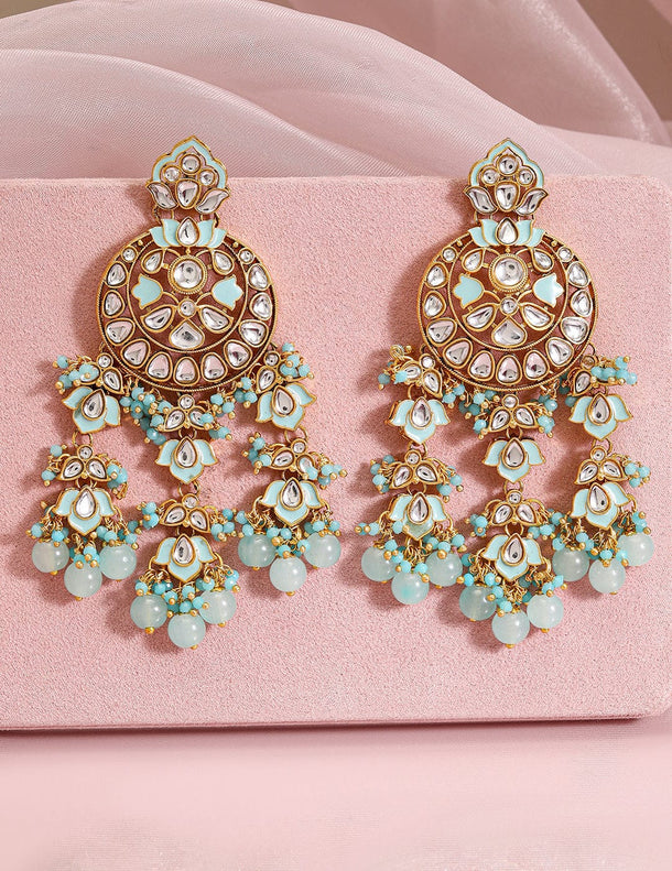 Rubans 18K Gold-Plated Mint Green & White Kundan Studded Chandbali with Beaded Detailing Earrings