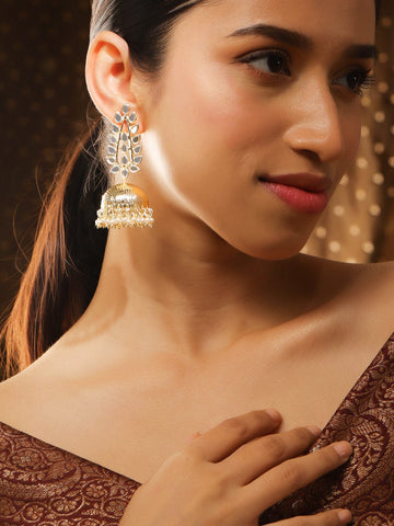 Rubans 18K Gold Plated Mirror Studded & Pearl Beaded Traditional Jhumkas Earrings Jhumka Earrings