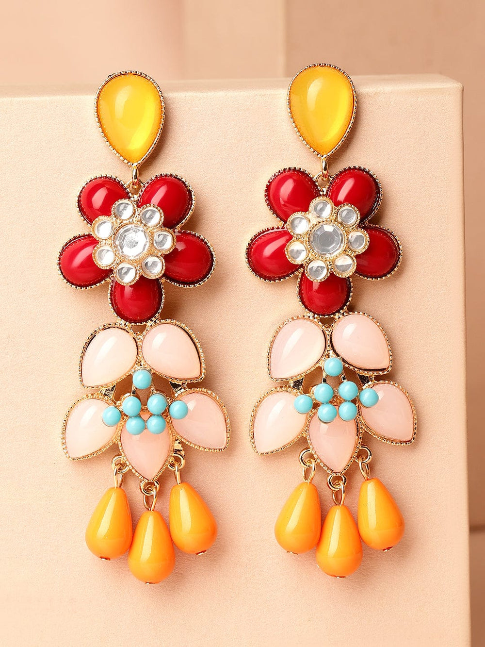 Rubans 18K Gold-Plated Multi-Color Floral Statement Big Drop Earrings Earrings