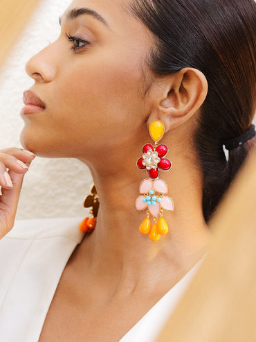 Rubans 18K Gold-Plated Multi-Color Floral Statement Big Drop Earrings Earrings