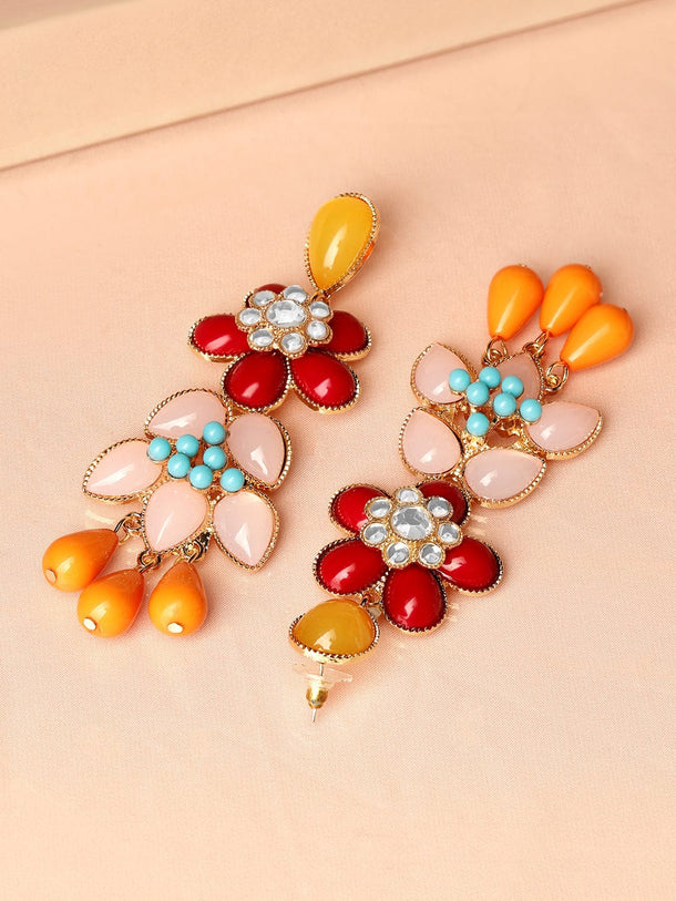 Rubans 18K Gold-Plated Multi-Color Floral Statement Big Drop Earrings Earrings