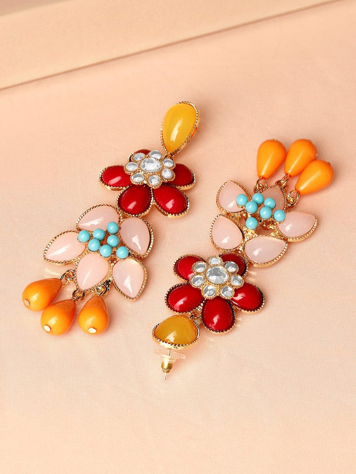 Rubans 18K Gold-Plated Multi-Color Floral Statement Big Drop Earrings Earrings