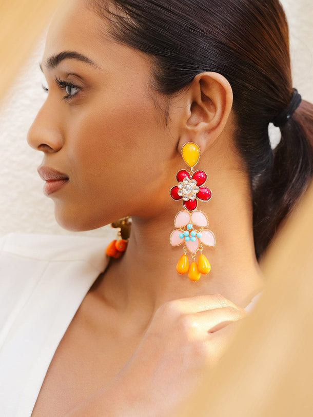 Rubans 18K Gold-Plated Multi-Color Floral Statement Big Drop Earrings Earrings