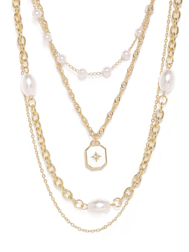 Rubans 18K Gold-Plated Multi-Layered Chain Necklace with Pearls & Star Charm Pendant Necklace & Chains