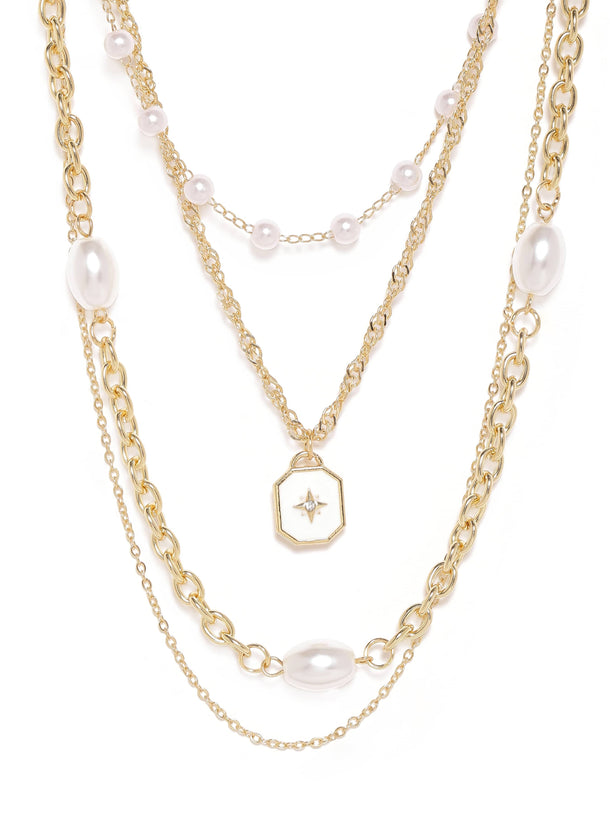 Rubans 18K Gold-Plated Multi-Layered Chain Necklace with Pearls & Star Charm Pendant Necklace & Chains